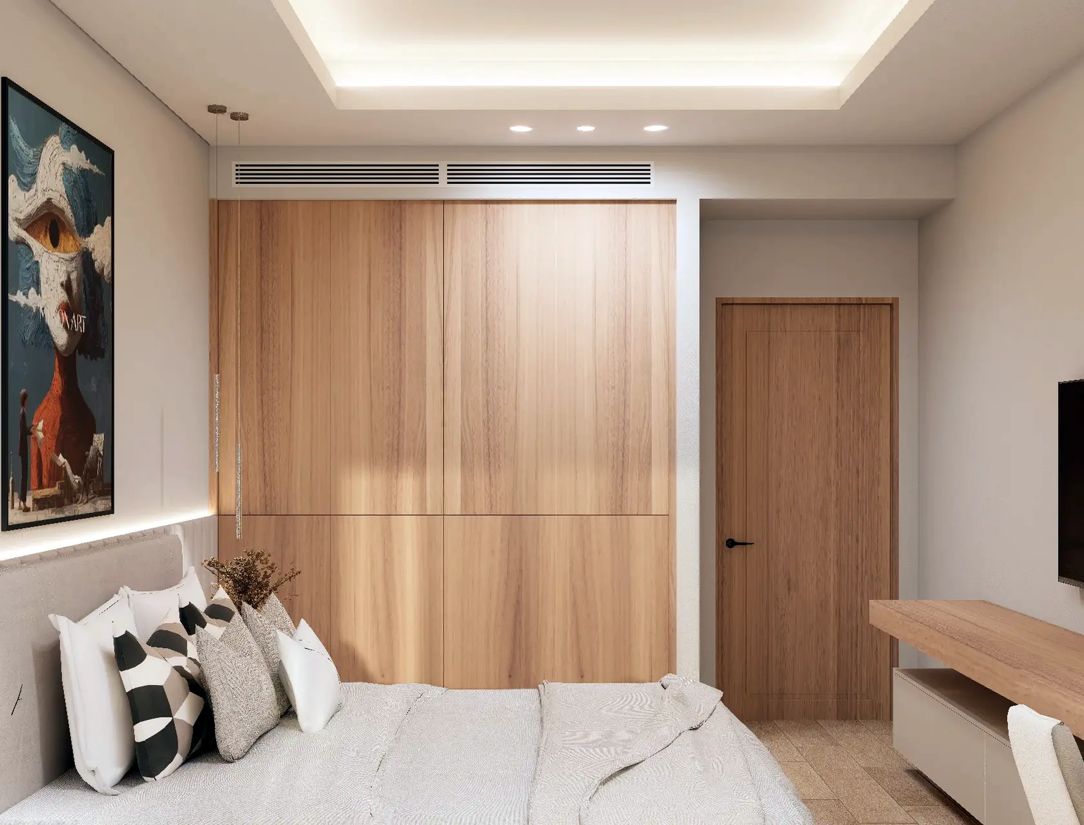 Contemporary guest bedroom with custom wardrobes