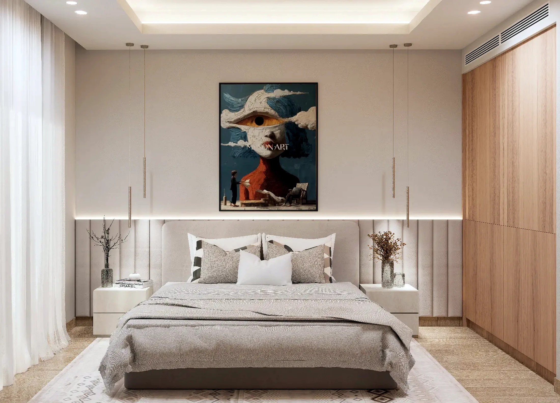 Elegant master bedroom with custom wall panels