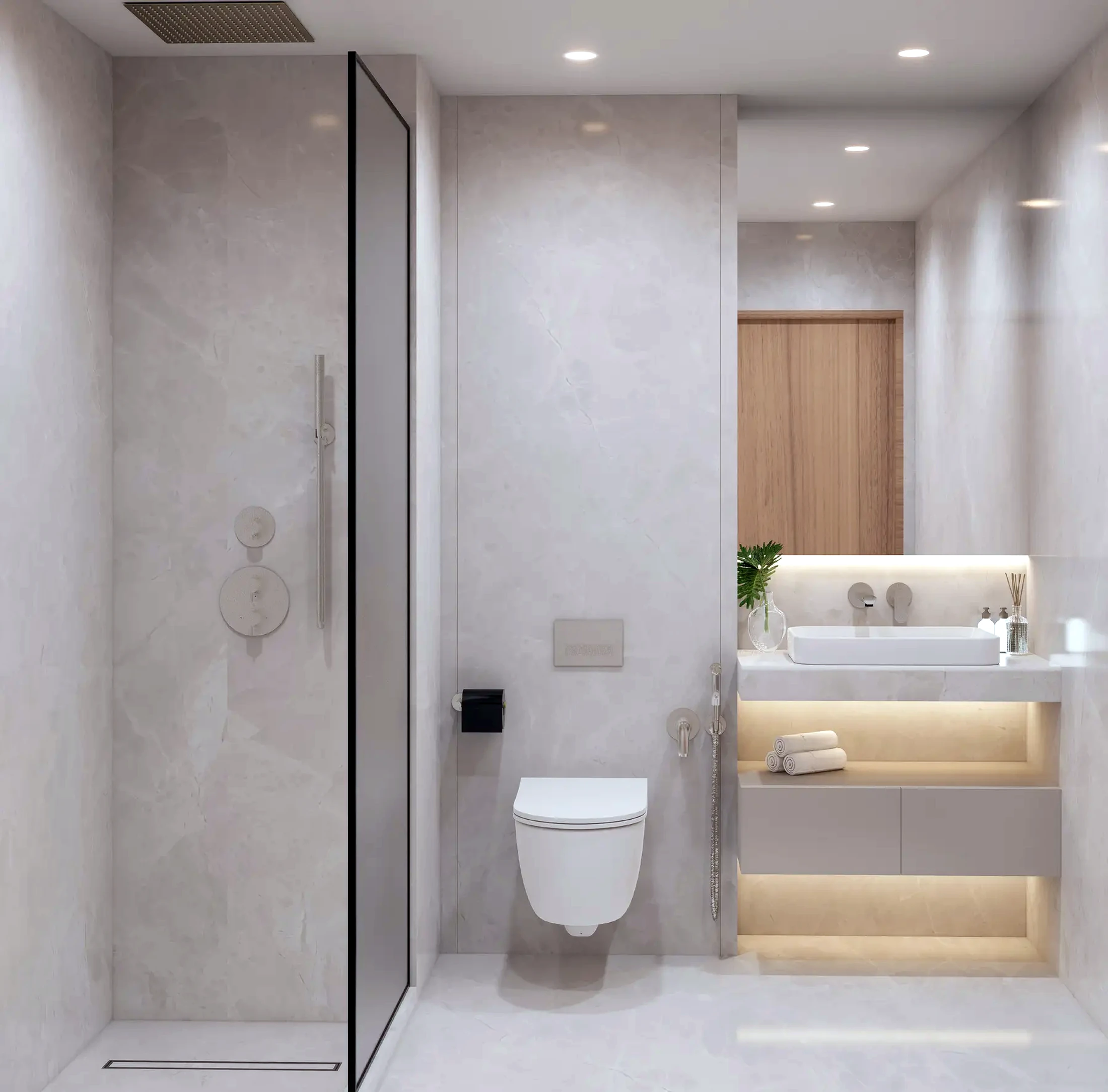 Compact bathroom with integrated utility storage