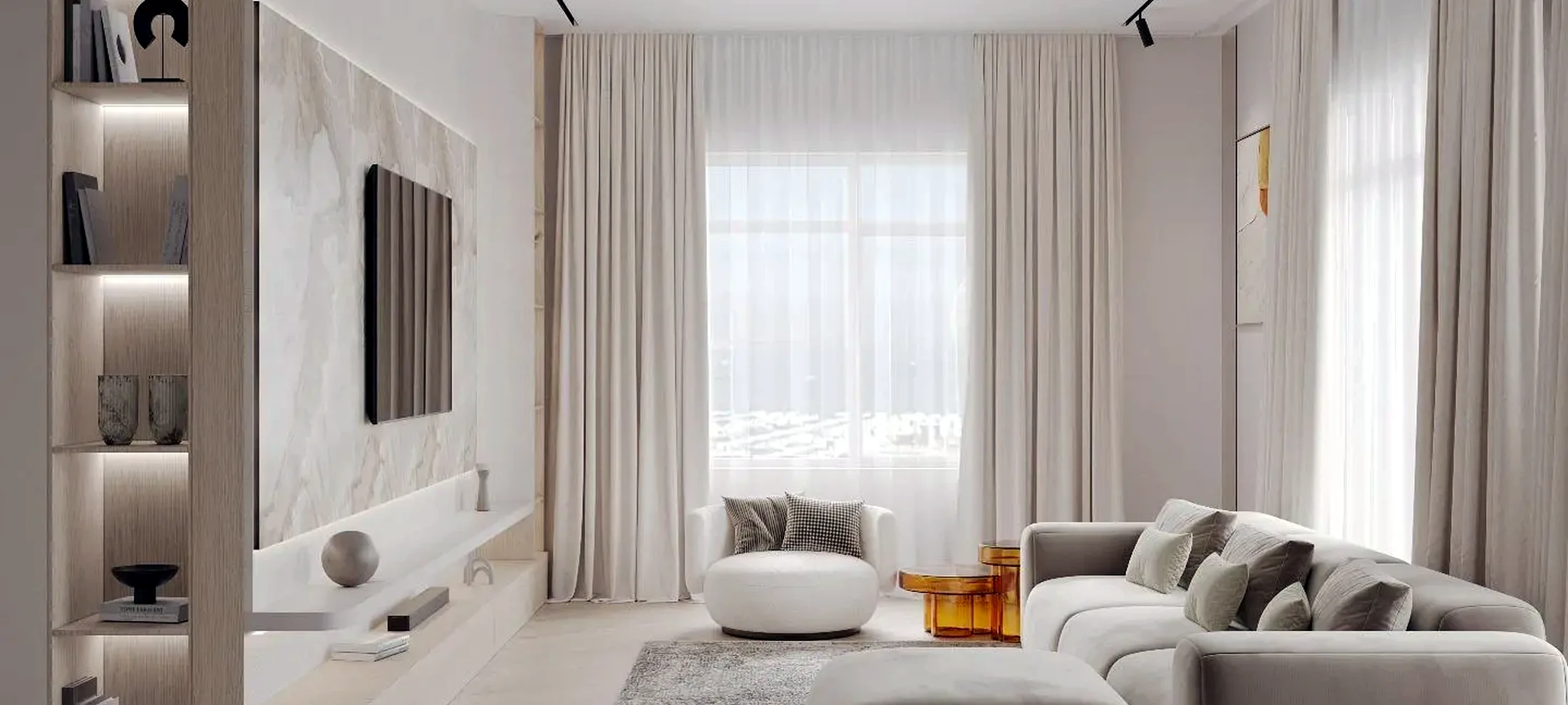 Warm walnut feature wall living room completed by renovation team